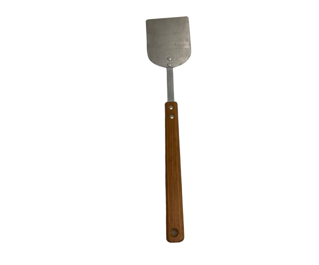 Volteador Inoxidable #4 Liso con Mango de Madera | 53 cm largo, 11.5 x 14 cm base, 226 g – Robusto y Profesional