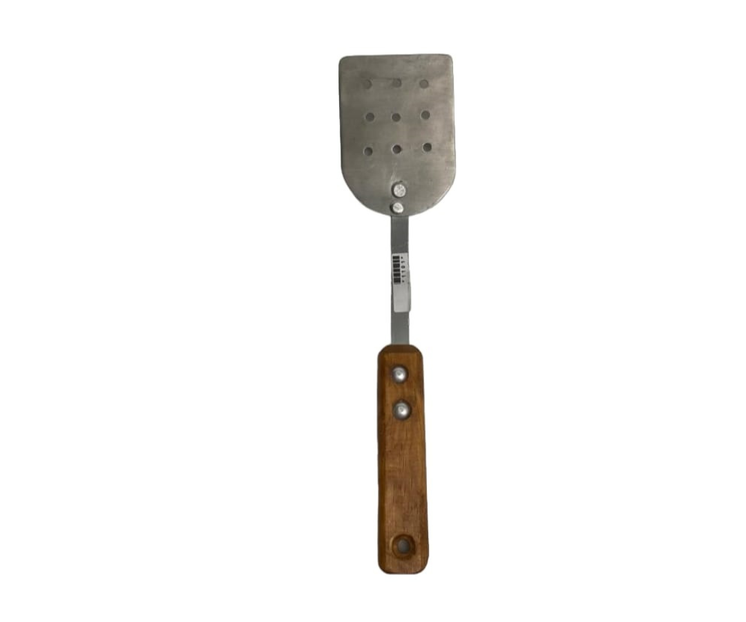 Volteador Inoxidable #2 Perforado con Mango de Madera | 34 cm largo, 11.5 x 8.7 cm base, 134 g – Práctico y Resistente