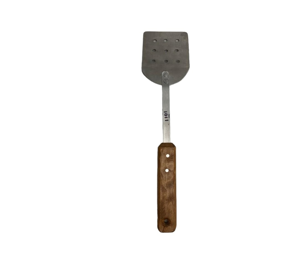 Volteador Inoxidable #2 Perforado con Mango de Madera | 34 cm largo, 11.5 x 8.7 cm base, 134 g – Práctico y Resistente