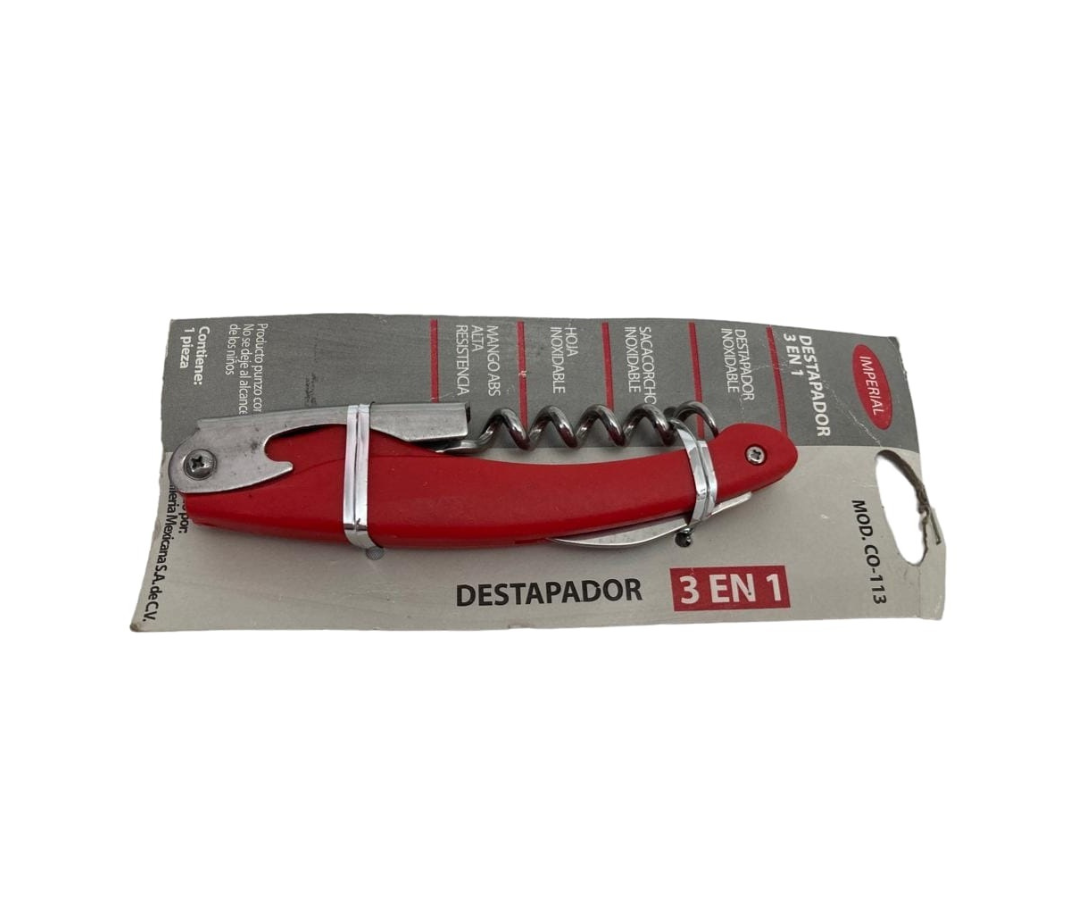 Destapador 3 en 1 Imperial | 11 cm, 52 g – Sacacorcho, Cuchilla y Abrelatas Todo en Uno