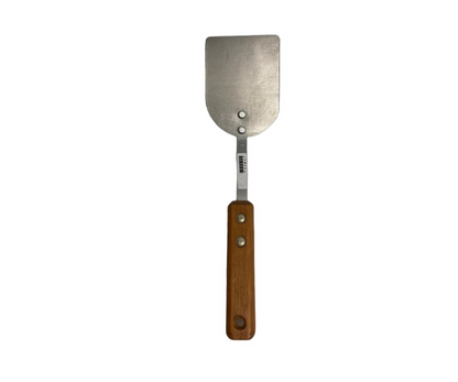 Volteador Inoxidable #2 Liso con Mango de Madera | 33.5 cm largo, 12 x 9 cm base, 132 g – Práctico y Resistente