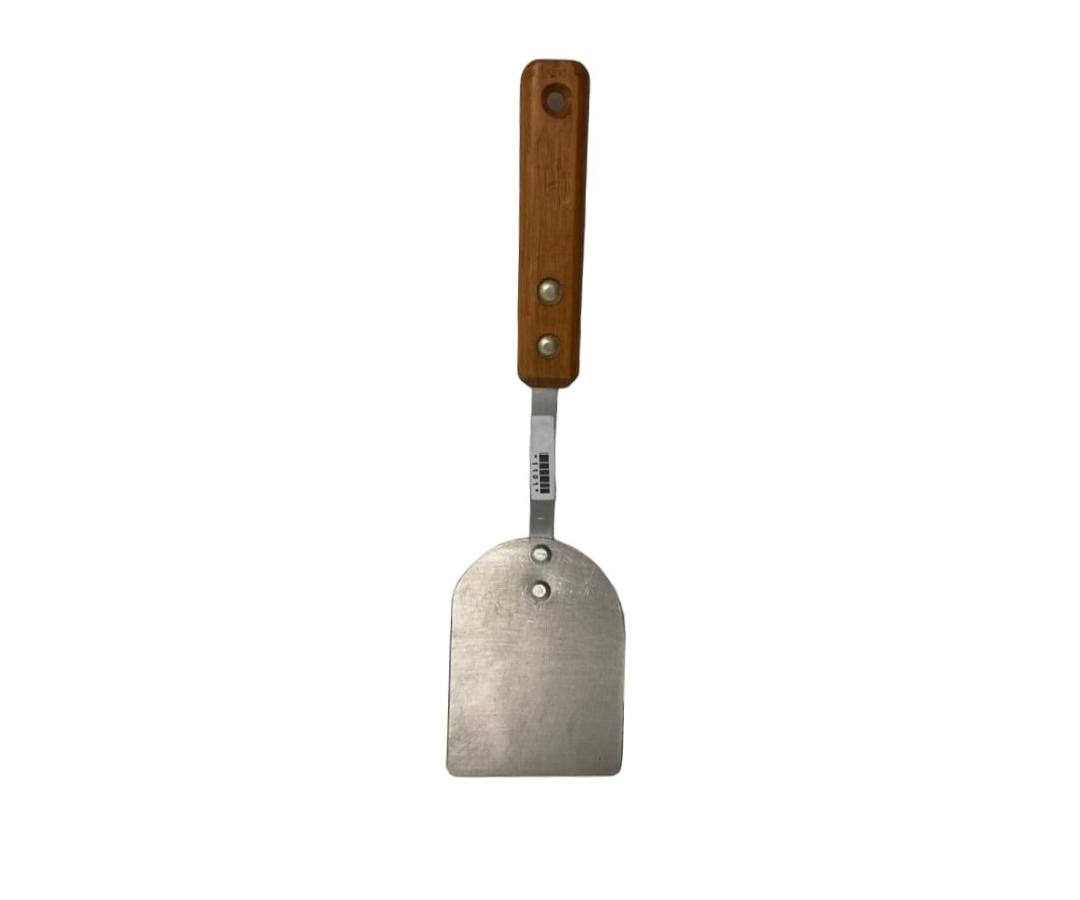 Volteador Inoxidable #2 Liso con Mango de Madera | 33.5 cm largo, 12 x 9 cm base, 132 g – Práctico y Resistente