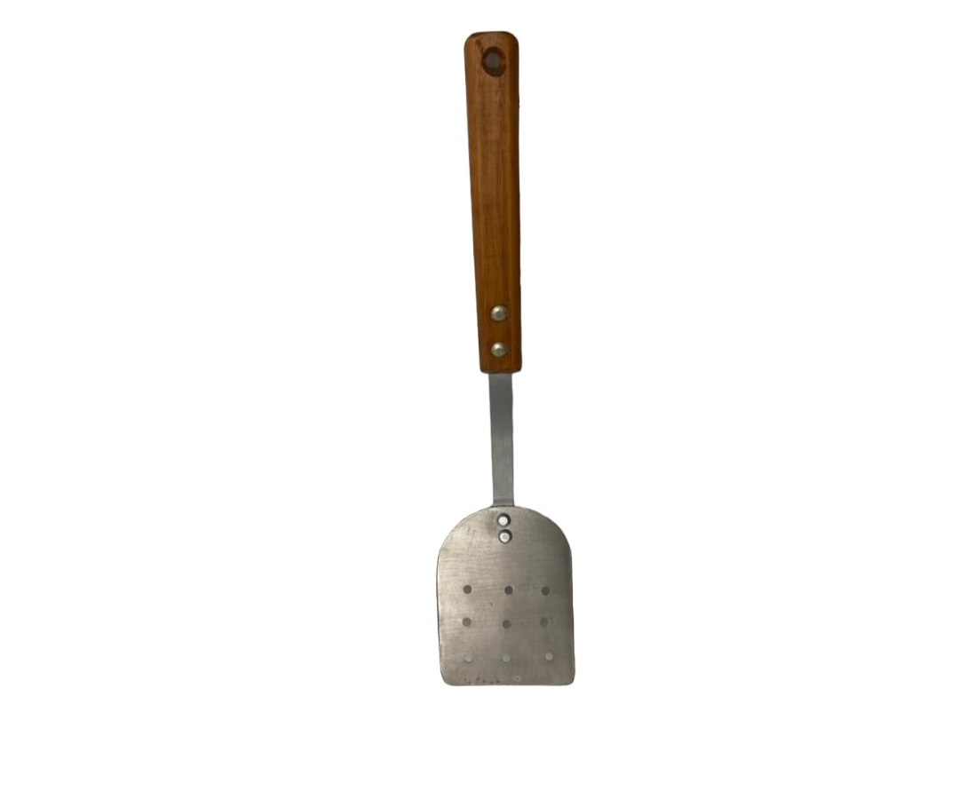 Volteador Inoxidable #3 Perforado con Mango de Madera | 44 cm largo, 13 x 10 cm base, 180 g – Resistente y Funcional