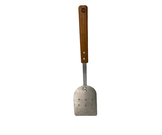 Volteador Inoxidable #3 Perforado con Mango de Madera | 44 cm largo, 13 x 10 cm base, 180 g – Resistente y Funcional