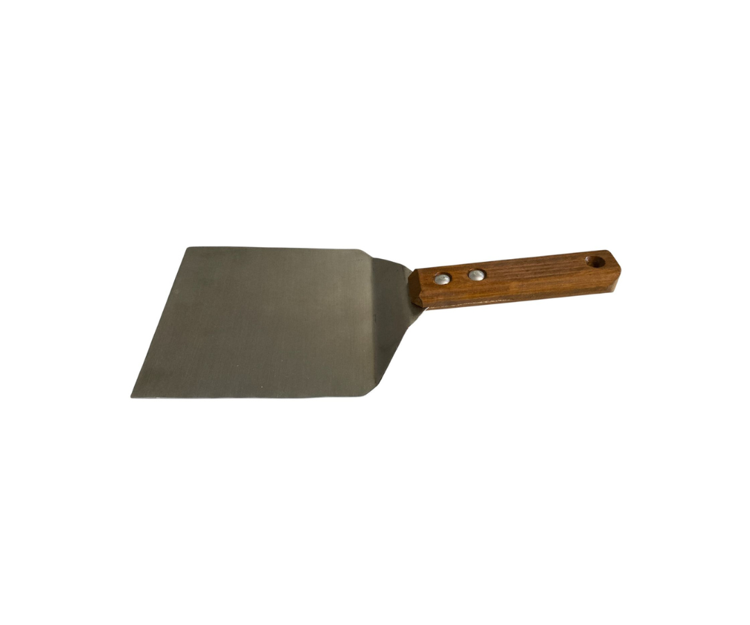 Hamburguesero Inoxidable Ancho 14 cm Liso con Mango de Madera | 31.5 cm – 222 g – Práctico y Resistente