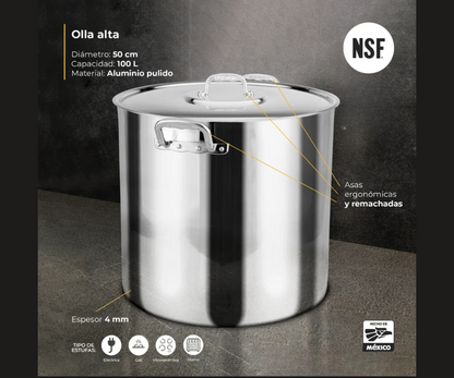 Olla Alta Recta Vasconia Acorazada 100L | Aluminio 4mm, Uso Industrial