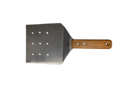 Hamburguesero Inoxidable Ancho 14 cm Perforado con Mango de Madera | 31 x 14 cm – 214 g – Resistente y Ergonómico