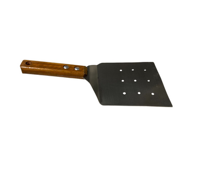 Hamburguesero Inoxidable Ancho 14 cm Perforado con Mango de Madera | 31 x 14 cm – 214 g – Resistente y Ergonómico
