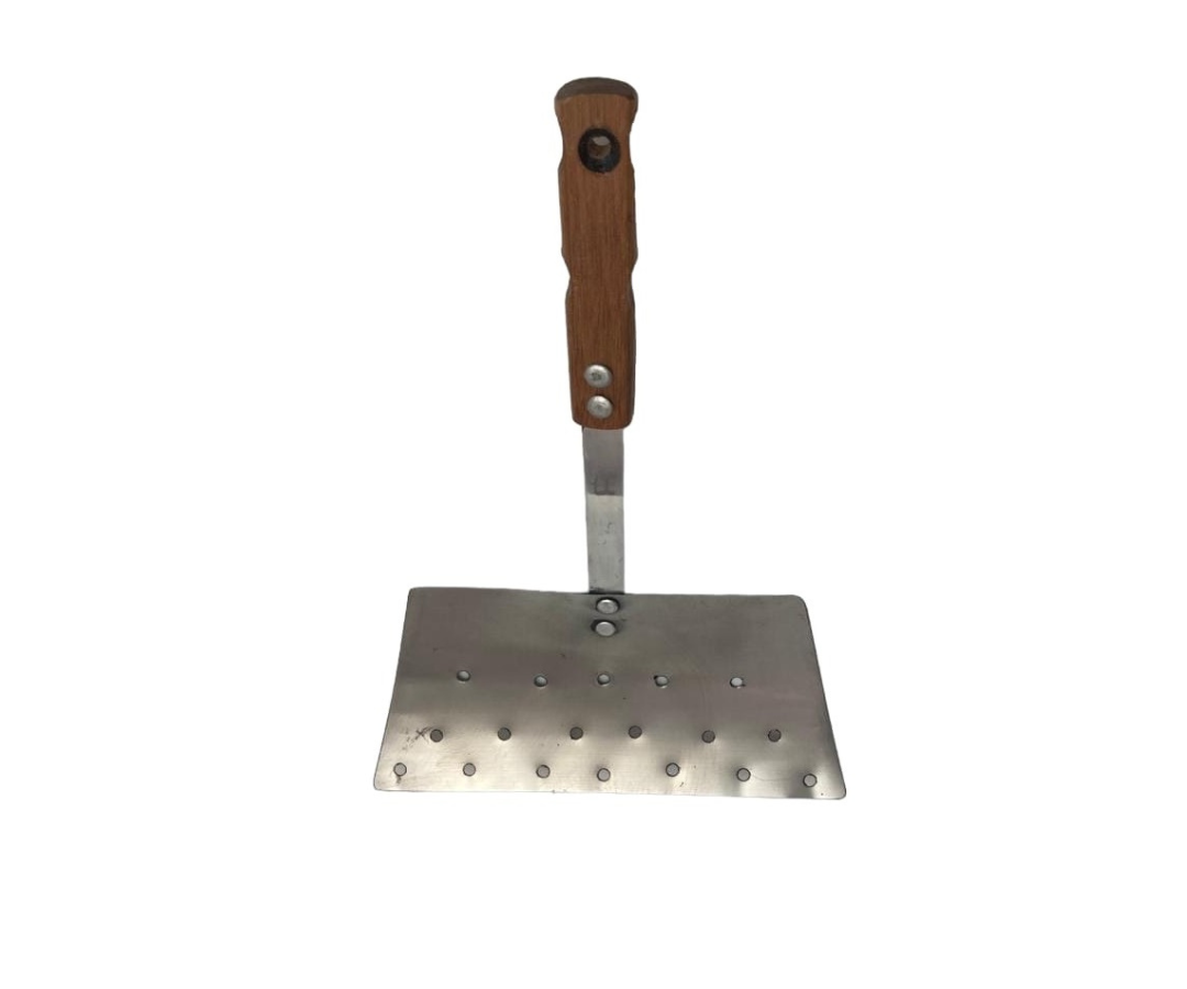 Hamburguesera Inoxidable Perforada con Mango de Madera | 40 x 27 cm – 258 g – Resistente y Funcional