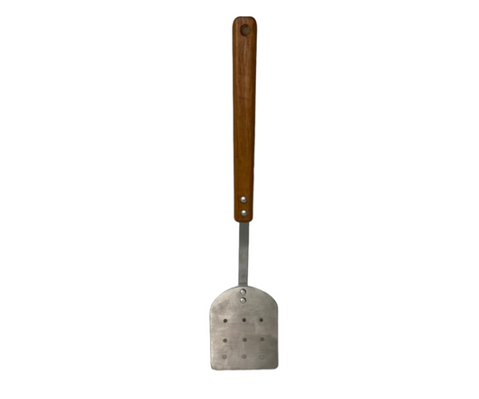 Volteador Inoxidable #4 Perforado con Mango de Madera | 52 cm largo, 11.5 cm ancho, 212 g – Robusto y Profesional