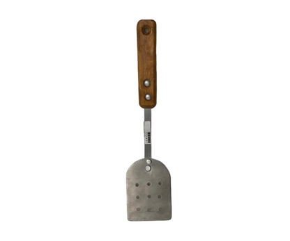 Volteador Inoxidable #2 Perforado con Mango de Madera | 34 cm largo, 11.5 x 8.7 cm base, 134 g – Práctico y Resistente