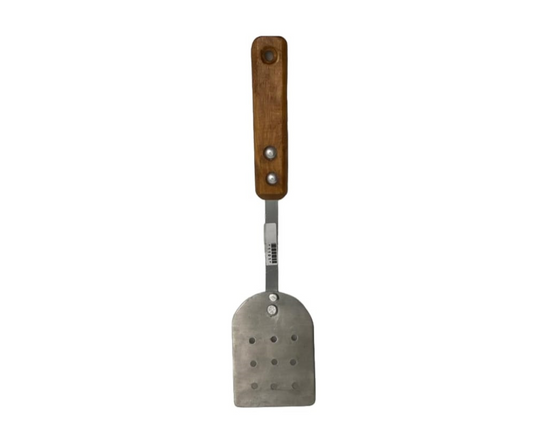 Volteador Inoxidable #2 Perforado con Mango de Madera | 34 cm largo, 11.5 x 8.7 cm base, 134 g – Práctico y Resistente