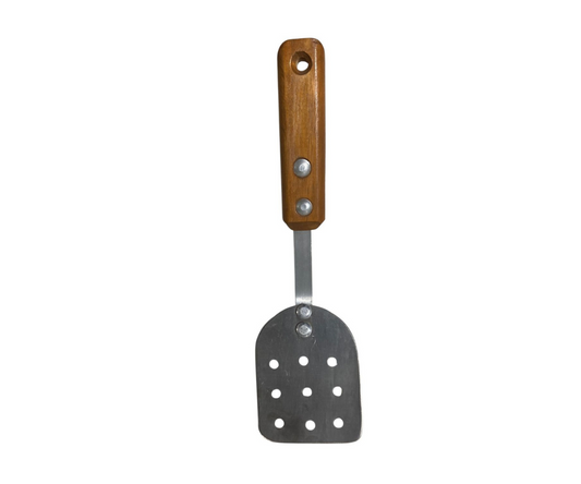 Volteador Inoxidable #1 Perforado con Mango de Madera | 26 cm largo, 7 x 9.5 cm base – Ligero y Práctico